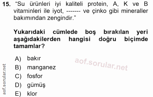 15. soru: "Su ürünleri iyi kaliteli protein, A, K ve B vitaminleri ile iyot, - ve çinko gibi mineraller bakımından zengindir."…
