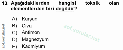 13. soru: Aşağıdakilerden hangisi toksik olan elementlerden biri değildir? A) Kurşun B) Civa C) Antimon D) Magnezyum E) Kadmiyum