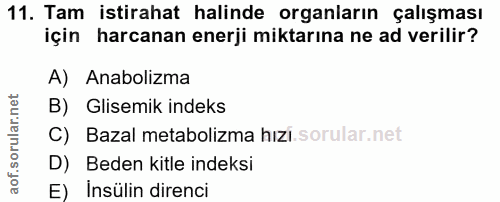 11. soru: Tam istirahat halinde organların çalışması için harcanan enerji miktarına ne ad verilir? A) Anabolizma B) Glisemik in…