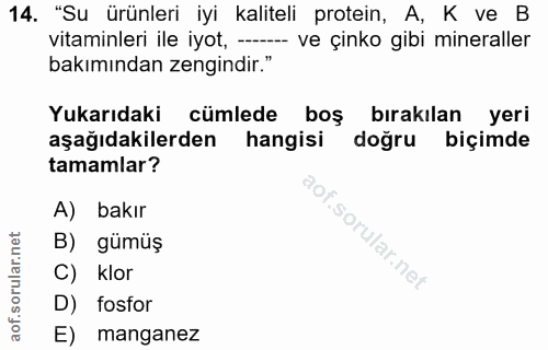 14. soru: "Su ürünleri iyi kaliteli protein, A, K ve B vitaminleri ile iyot, - ve çinko gibi mineraller bakımından zengindir."…