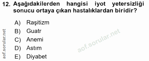 12. soru: Aşağıdakilerden hangisi iyot yetersizliği sonucu ortaya çıkan hastalıklardan biridir? A) Raşitizm B) Guatr C) Anemi D…