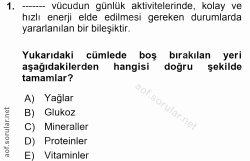 1. soru: -- vücudun günlük aktivitelerinde, kolay ve hızlı enerji elde edilmesi gereken durumlarda yararlanılan bir bileşiktir…