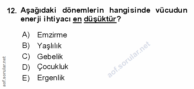 12. soru: Aşağıdaki dönemlerin hangisinde vücudun enerji ihtiyacı en düşüktür? A) Emzirme B) Yaşlılık C) Gebelik D) Çocukluk E)…