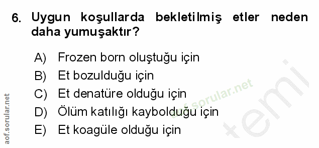 6. soru: Uygun koşullarda • bekletilmiş etler neden daha yumuşaktır? A) Frozen born oluştuğu için B) Et bozulduğu için C) Et d…