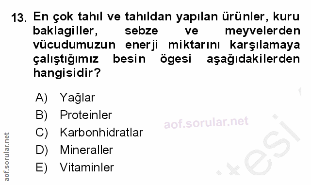 13. soru: En çok tahıl ve tahıldan yapılan ürünler, kuru baklagiller, sebze ve meyvelerden vücudumuzun enerji miktarını karşıla…