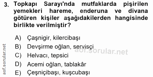 3. soru: Topkapı Sarayı'nda mutfaklarda pişirilen yemekleri hareme, enderuna ve divana götüren kişiler aşağıdakilerden hangisi…