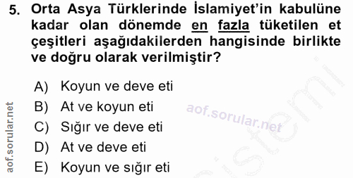 5. soru: Orta Asya Türklerinde İslamiyet'in kabulüne kadar olan dönemde en fazla tüketilen et çeşitleri aşağıdakilerden hangis…