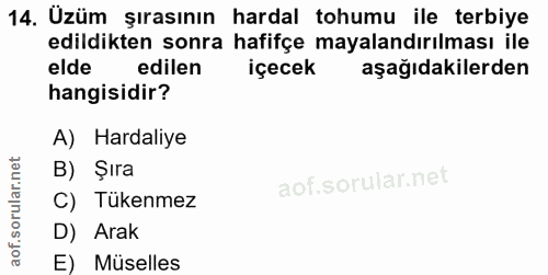 14. soru: Üzüm şırasının hardal tohumu ile terbiye edildikten sonra hafifçe mayalandırılması ile elde edilen içecek aşağıdakile…