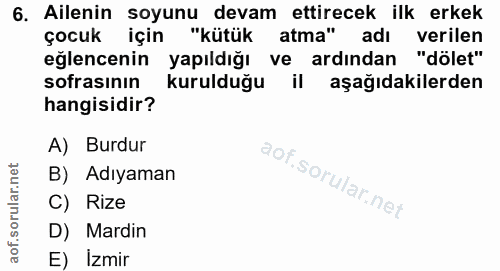 6. soru: Ailenin soyunu devam ettirecek ilk erkek çocuk : İçin "kütük atma" adı verilen eğlencenin yapıldığı ve ardından "döle…