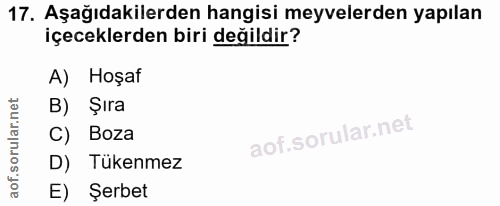 17. soru: Aşağıdakilerden hangisi meyvelerden yapılan içeceklerden biri değildir? A) Hoşaf B) Şıra Boza D) Tükenmez E) Şerbet