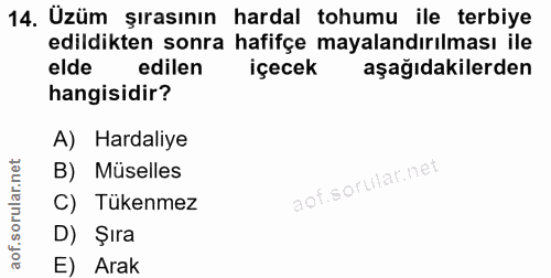 14. soru: Üzüm şırasının hardal tohumu ile terbiye edildikten sonra hafifçe mayalandırılması ile elde edilen içecek aşağıdakile…