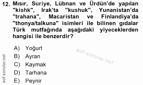 12. soru: Mısır, Suriye, Lübnan ve Ürdün'de yapılan "kishk", Irak'ta "kushuk", Yunanistan'da "trahana", Macaristan ve Finlandiy…