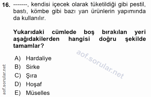 16. soru: --, kendisi içecek olarak tüketildiği gibi pestil, bastı, kömbe gibi bazı yan ürünlerin yapımında da kullanılır. Yuka…