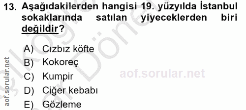 13. soru: Aşağıdakilerden hangisi 19. yüzyılda İstanbul sokaklarında satılan yiyeceklerden biri değildir? A) Cızbız köfte B) Ko…