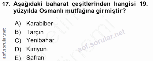 17. soru: Aşağıdaki baharat çeşitlerinden hangisi 19. yüzyılda Osmanlı mutfağına girmiştir? A) Karabiber B) Tarçın C) Yenibahar…