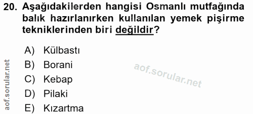 20. soru: Aşağıdakilerden hangisi Osmanlı mutfağında balık hazırlanırken kullanılan yemek pişirme tekniklerinden biri değildir?…