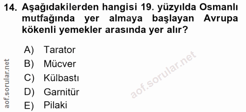 14. soru: Aşağıdakilerden hangisi 19. yüzyılda Osmanlı mutfağında yer almaya başlayan Avrupa kökenli yemekler arasında yer alır…