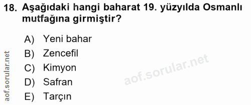 18. soru: Aşağıdaki hangi baharat 19. yüzyılda Osmanlı mutfağına girmiştir? A) Yeni bahar rular.net B) Zencefil C) Kimyon D) Sa…