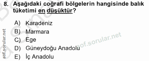 8. soru: Aşağıdaki coğrafi bölgelerin hangisinde balık tüketimi en düşüktür? A) Karadeniz B) Marmara D) Güneydoğu Anadoluof. C…