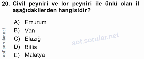 20. soru: Civil peyniri ve lor peyniri ile ünlü olan il aşağıdakilerden hangisidir? A) Erzurum B) Van C) Elazığ D) Bitlis E) Ma…