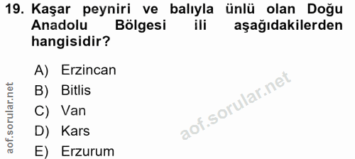 19. soru: Kaşar peyniri ve balıyla ünlü olan Doğu Anadolu Bölgesi ili aşağıdakilerden hangisidir? A) Erzincan B) Bitlis C) Van…