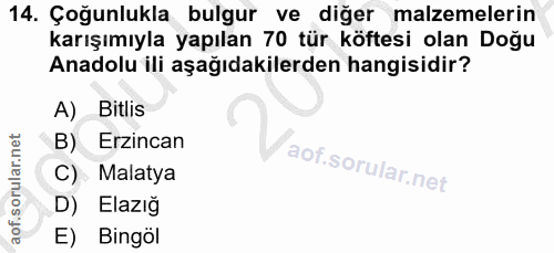14. soru: Çoğunlukla bulgur ve diğer malzemelerin karışımıyla yapılan 70 tür köftesi olan Doğu Anadolu ili aşağıdakilerden hang…