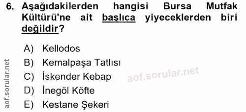 6. soru: Aşağıdakilerden hangisi Bursa Mutfak Kültürü'ne ait başlıca yiyeceklerden biri değildir? A) Kellodos B) Kemalpaşa Tat…