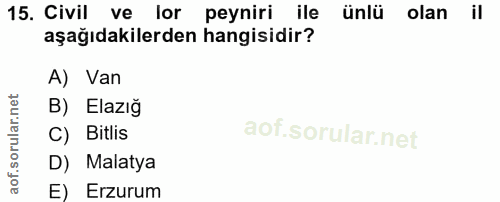 15. soru: Civil ve lor peyniri ile ünlü olan aşağıdakilerden hangisidir? A) Van B) Elazığ C) Bitlis D) Malatya E) Erzurum