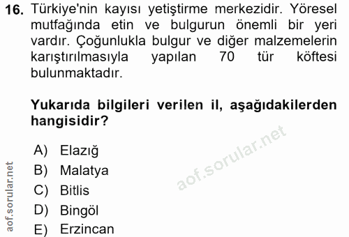 16. soru: Türkiye'nin kayısı yetiştirme merkezidir. Yöresel mutfağında etin ve bulgurun önemli bir yeri vardır. Çoğunlukla bulg…