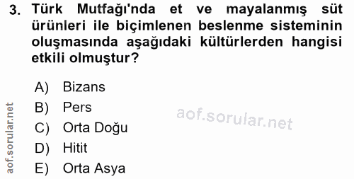 3. soru: Türk Mutfağı'nda et ve mayalanmış süt ürünleri ile biçimlenen beslenme sisteminin oluşmasında aşağıdaki kültürlerden…