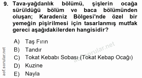 9. soru: Tava-yağdanlık bölümü, şişlerin ocağa sürüldüğü bölüm ve baca bölümünden oluşan; Karadeniz Bölgesi'nde özel bir yemeğ…