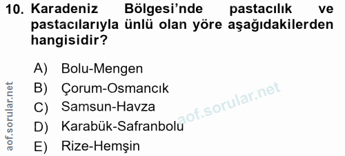 10. soru: Karadeniz Bölgesi'nde pastacılık ve pastacılarıyla ünlü olan yöre aşağıdakilerden hangisidir? A) Bolu-Mengen B) Çorum…