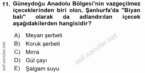 11. soru: Güneydoğu Anadolu Bölgesi'nin vazgeçilmez içeceklerinden biri olan, Şanlıurfa'da "Biyan balı" olarak adlandırılan içe…