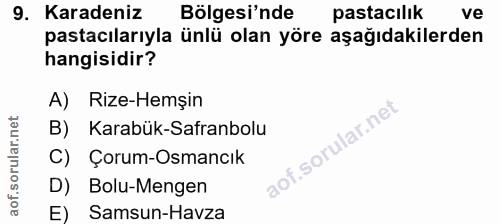 9. soru: Karadeniz Bölgesi'nde pastacılık ve pastacılarıyla ünlü olan yöre aşağıdakilerden hangisidir? A) Rize-Hemşin B) Karab…
