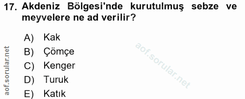 17. soru: Akdeniz Bölgesi'nde kurutulmuş sebze ve meyvelere ne ad verilir? A) Kak B) Çömçe C) Kenger D) Turuk E) Katık