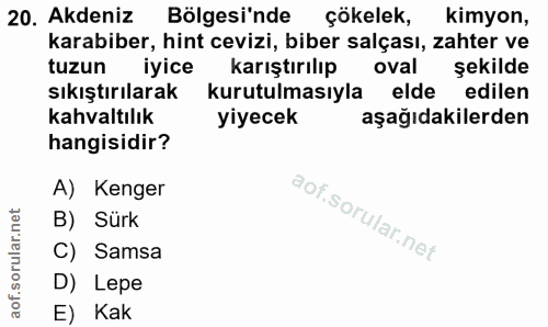20. soru: Akdeniz Bölgesi'nde çökelek, kimyon, karabiber, hint cevizi, biber salçası, zahter ve tuzun iyice karıştırılıp oval ş…