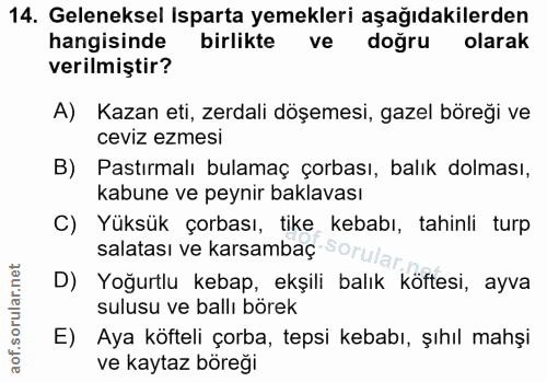 14. soru: Geleneksel Isparta yemekleri aşağıdakilerden hangisinde birlikte ve doğru olarak verilmiştir? A) Kazan eti, zerdali d…