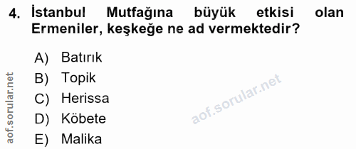4. soru: İstanbul Mutfağına büyük etkisi olan Ermeniler, keşkeğe ne ad vermektedir? A) Batırık B) Topik lar. C) Herissa D) Köb…