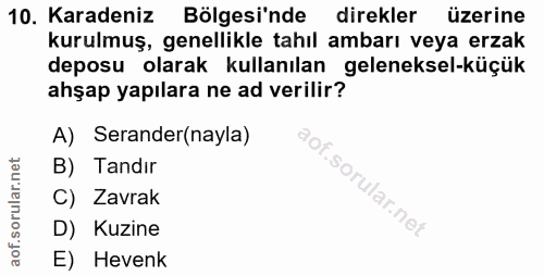 10. soru: Karadeniz Bölgesi'nde direkler üzerine kurulmuş, genellikle tahıl ambarı veya erzak deposu olarak kullanılan geleneks…