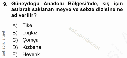 9. soru: Güneydoğu Anadolu Bölgesi'nde, kış için asılarak saklanan meyve ve sebze dizisine ne ad verilir? A) Tike B) Loglaz C)…