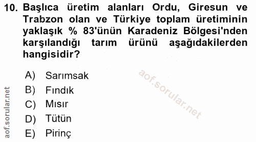 10. soru: Başlıca üretim alanları Ordu, Giresun ve Trabzon olan ve Türkiye toplam üretiminin yaklaşık % 83'ünün Karadeniz Bölge…