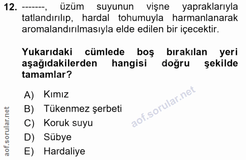 12. soru: --- üzüm suyunun vişne yapraklarıyla tatlandırılıp, hardal tohumuyla harmanlanarak aromalandırılmasıyla elde edilen b…
