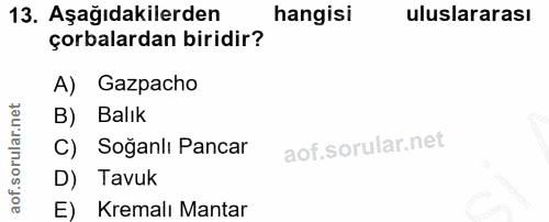 13. soru: Aşağıdakilerden hangisi uluslararası çorbalardan biridir? A) Gazpacho B) Balık C) Soğanlı Pancar D) Tavuk E) Kremalı…