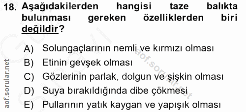 18. soru: Aşağıdakilerden hangisi taze balıkta bulunması gereken özelliklerden biri değildir? A) Solungaçlarının nemli ve kırmı…
