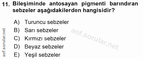 11. soru: Bileşiminde antosayan pigmenti barındıran sebzeler aşağıdakilerden hangisidir? A) Turuncu sebzeler B) Sarı sebzeler C…