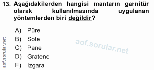 13. soru: Aşağıdakilerden hangisi mantarın garnitür olarak kullanılmasında uygulanan yöntemlerden biri değildir? A) Püre B) Sot…