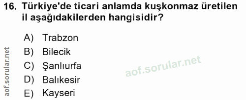 16. soru: Türkiye'de ticari anlamda kuşkonmaz üretilen il aşağıdakilerden hangisidir? A) Trabzon B) Bilecik C) Şanlıurfa D) Bal…