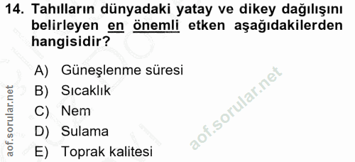 14. soru: Tahılların dünyadaki yatay ve dikey dağılışını belirleyen en önemli etken aşağıdakilerden hangisidir? A) Güneşlenme s…
