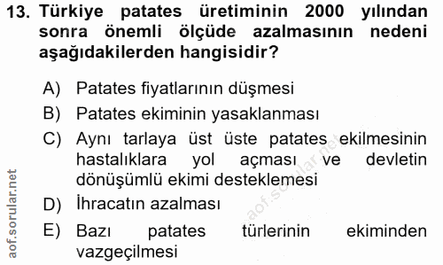13. soru: Türkiye patates üretiminin 2000 yılından sonra önemli ölçüde azalmasının nedeni aşağıdakilerden hangisidir? A) Patate…