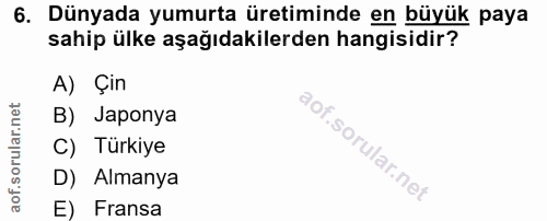 6. soru: Dünyada yumurta üretiminde en büyük paya sahip ülke aşağıdakilerden hangisidir? A) Çin B) Japonya C) Türkiye D) Alman…